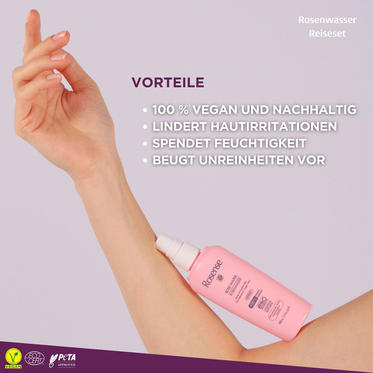 Rosense Rosenwasser Reiseset mit 100ml Rosenwasser-Spray