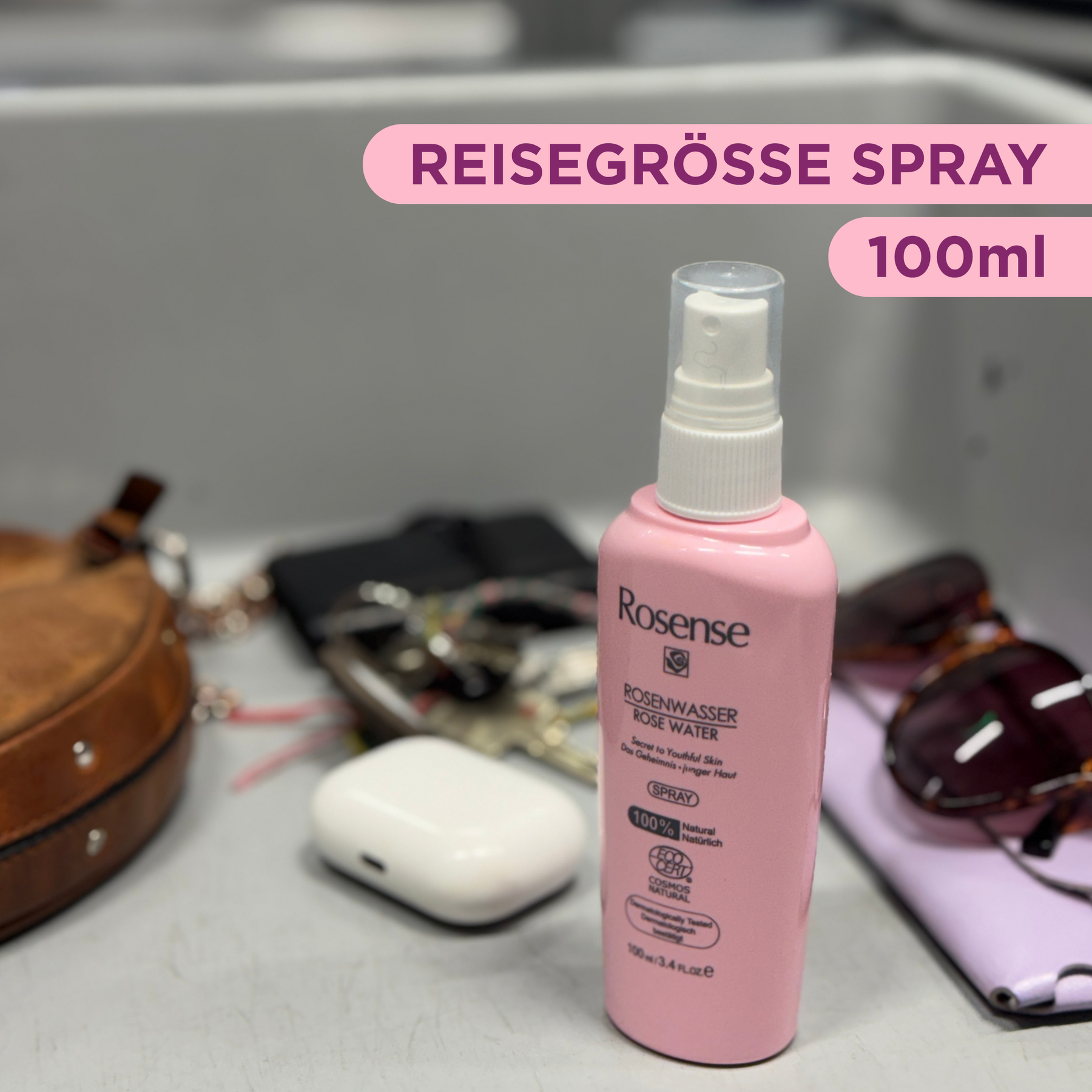 Rosense Rosenwasser Reiseset mit 100ml Rosenwasser-Spray