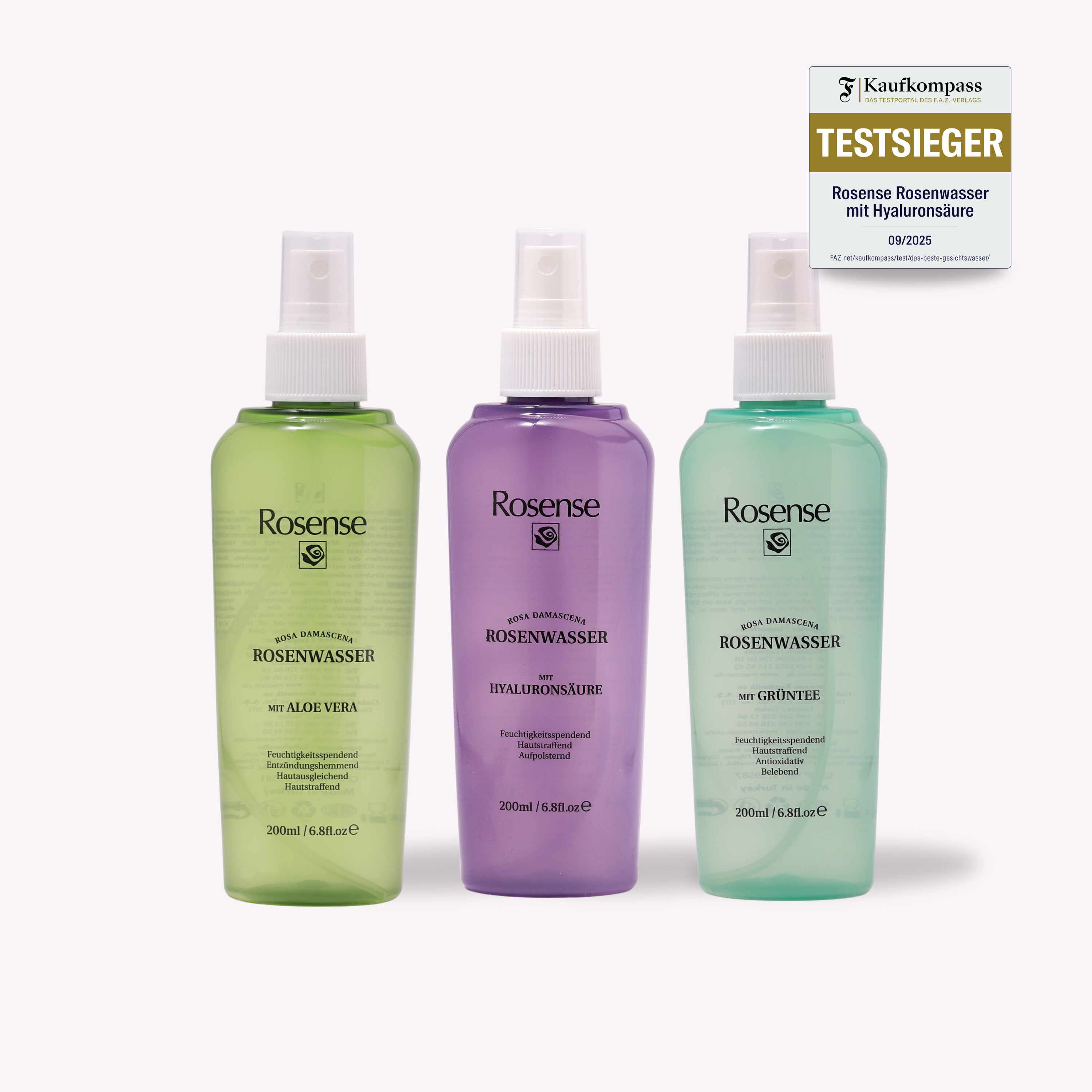 Rosense Rosenwasser Spray 3er Set | Mit Hyaluron, Aloe Vera & Grüntee